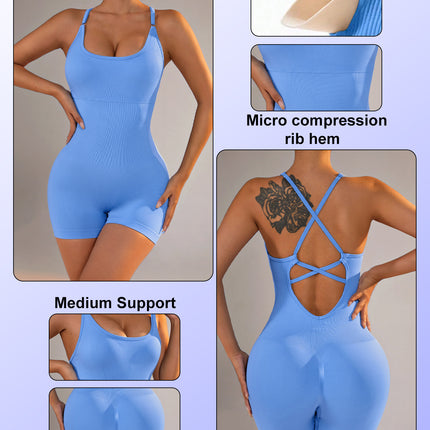 Size M Light Blue Nylon Seamless Yoga Bodysuit - Women's Athletic Romper, Crisscross Back, Workout Jumpsuit