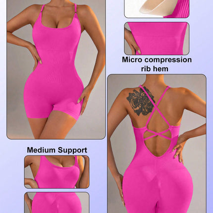 Size XS Rose Red Grey Nylon Seamless Yoga Bodysuit - Women's Athletic Romper, Crisscross Back, Workout Jumpsuit