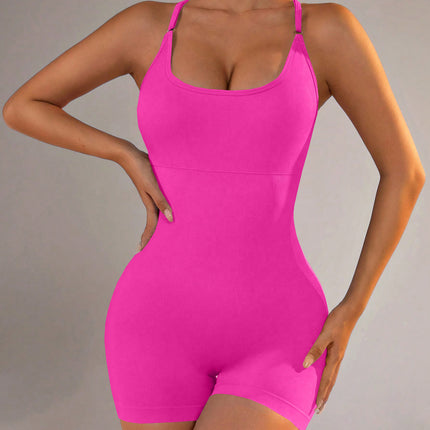 Size S Rose Red Grey Nylon Seamless Yoga Bodysuit - Women's Athletic Romper, Crisscross Back, Workout Jumpsuit