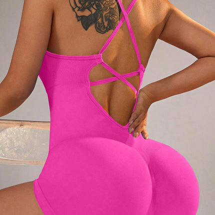 Size S Rose Red Grey Nylon Seamless Yoga Bodysuit - Women's Athletic Romper, Crisscross Back, Workout Jumpsuit