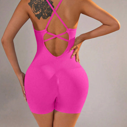 Size M Rose Red Grey Nylon Seamless Yoga Bodysuit - Women's Athletic Romper, Crisscross Back, Workout Jumpsuit