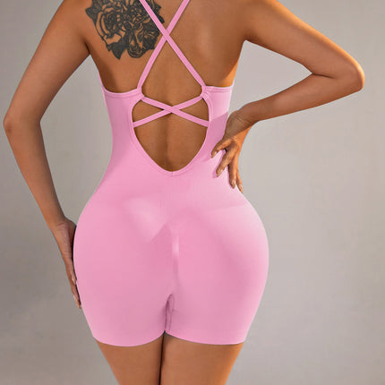 Size XS Light Pink Grey Nylon Seamless Yoga Bodysuit - Women's Athletic Romper, Crisscross Back, Workout Jumpsuit