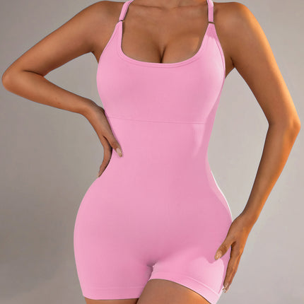 Size XS Light Pink Grey Nylon Seamless Yoga Bodysuit - Women's Athletic Romper, Crisscross Back, Workout Jumpsuit