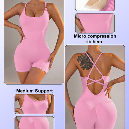 Size XS Light Pink Grey Nylon Seamless Yoga Bodysuit - Women's Athletic Romper, Crisscross Back, Workout Jumpsuit