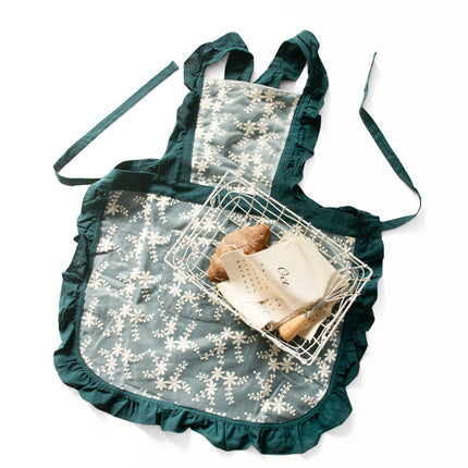Blue Ruffled Kitchen Apron with Floral Lace - Comfortable Baking & Crafting Apron