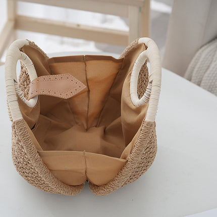 Khaki Boho Circle Straw Bag - Stylish Woven Tote with Round Handles