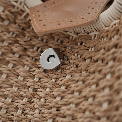 Khaki Boho Circle Straw Bag - Stylish Woven Tote with Round Handles