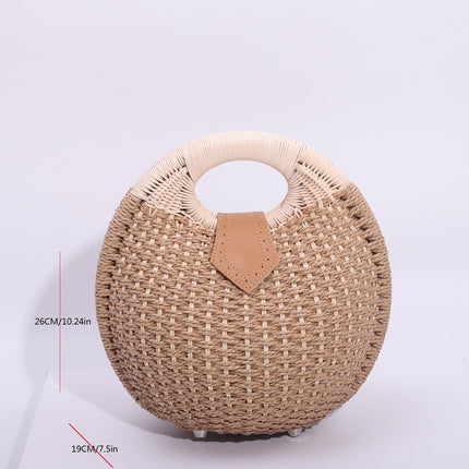 Khaki Boho Circle Straw Bag - Stylish Woven Tote with Round Handles