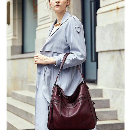 Dark Red Spacious & Stylish  PU Leather Tote Bag -  Versatile Shoulder/Crossbody