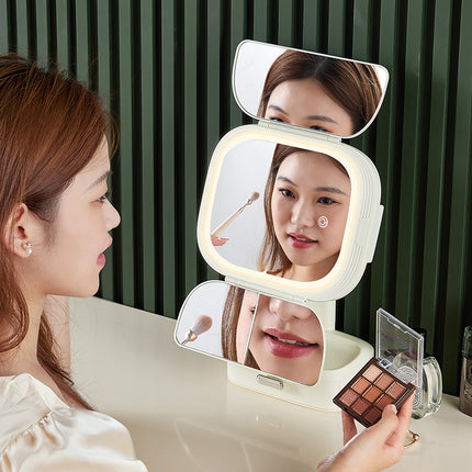 Milky White LED Lighted Tri-Fold Makeup Mirror with Storage Drawer & Magnification(USB Charging Port)