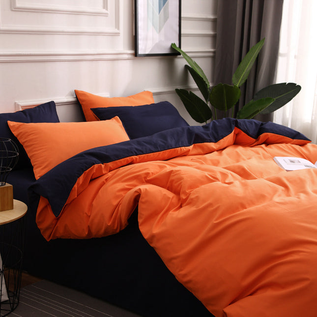 Dark Blue And Orange Stitching Ultra-Soft Solid Color 4-Piece Bedding Set