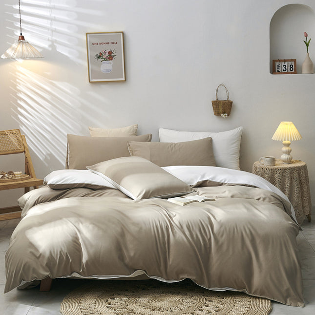 Light Brown And White Stitching Ultra-Soft Solid Color 4-Piece Bedding Set
