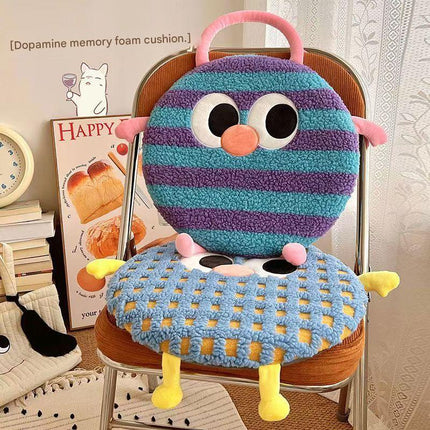 Purple Plaid Cute Cartoon Round Memory Foam Seat Cushion - Detachable & Washable