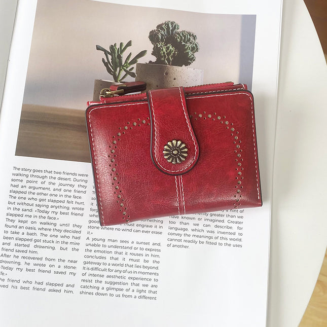 Red Vintage PU Leather Women's Short Wallet