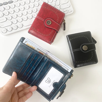 Red Vintage PU Leather Women's Short Wallet - Elegant Zipper Coin Pocket Multi-Function Card Holder