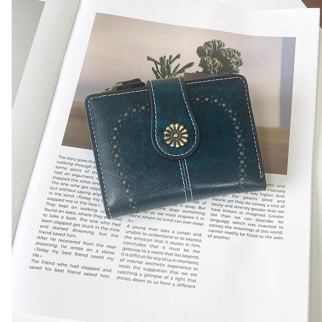 Peacock Blue Vintage PU Leather Women's Short Wallet