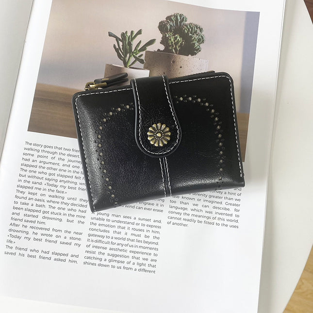 Black Vintage PU Leather Women's Short Wallet