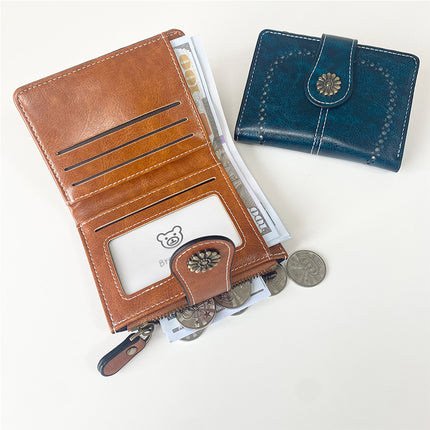 Yellow Vintage PU Leather Women's Short Wallet - Elegant Zipper Coin Pocket Multi-Function Card Holder