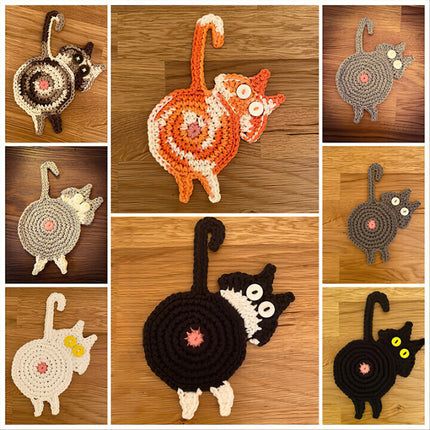 4 Pcs Grey,Brown And White Cute Cat Butt Knitted Coaster - Lightweight Crochet Drink Mat, 15x10cm