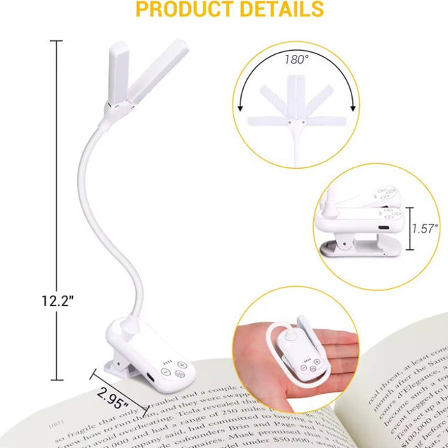 White Rechargeable Dual-Head Clip-On Book Light – product detail