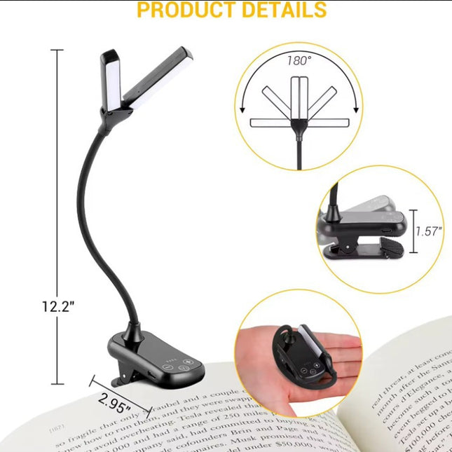Black Rechargeable Dual-Head Clip-On Book Light – product detail
