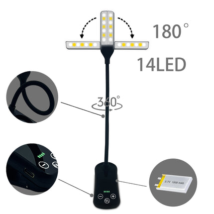 Black Rechargeable Dual-Head Clip-On Book Light - Touch Control Reading Lamp with Eye Protection