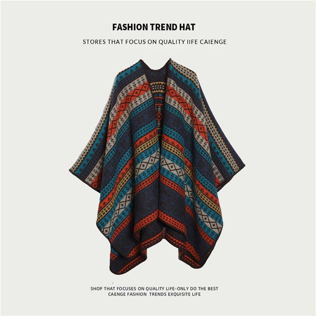 Orange And Navy Ethnic Boho Shawl for Women - Stylish Split Cape for Travel and Cooling Rooms