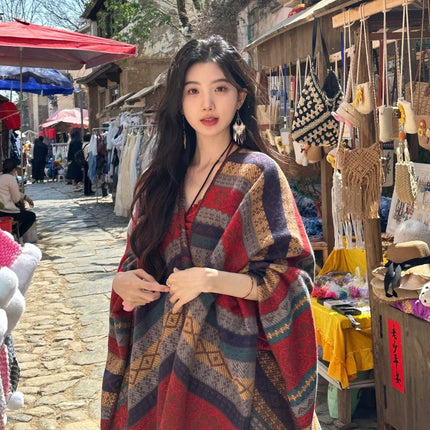 Orange And Navy Ethnic Boho Shawl for Women - Stylish Split Cape for Travel and Cooling Rooms