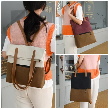 Black And Brown Canvas Tote Bag for Women - Multi-Use Shoulder Handbag & Backpack, Large Capacity, 30x10x40cm