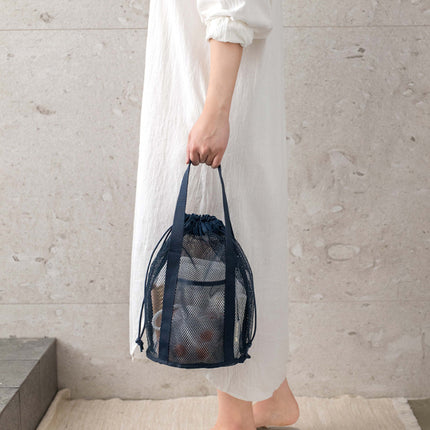 Green Lightweight Mesh Drawstring Beach Bag - Portable Travel Organizer for Toiletries and Essentials