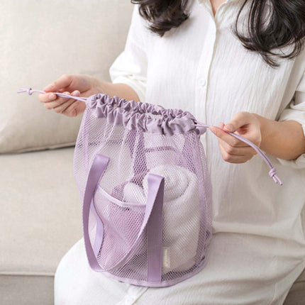 Green Lightweight Mesh Drawstring Beach Bag - Portable Travel Organizer for Toiletries and Essentials