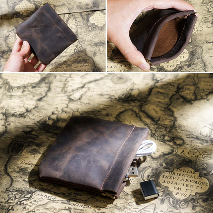 Coffee Genuine Leather Coin Purse - Vintage Style Snap Closure Mini Pouch