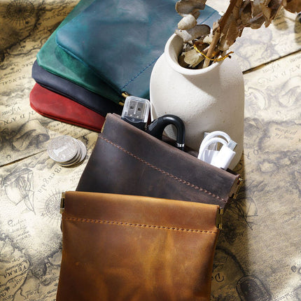 Dark Green Genuine Leather Coin Purse - Vintage Style Snap Closure Mini Pouch