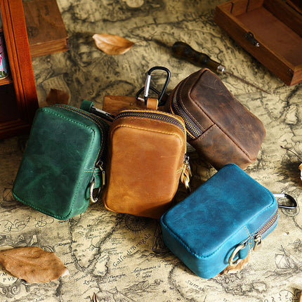 Black Genuine Leather Belt Pouch - Mini Waist Bag with Zipper and Carabiner