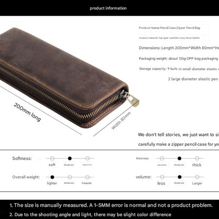 Black Genuine Leather Pencil Case - Vintage Zip-Up Pen Holder with Elastic Loops