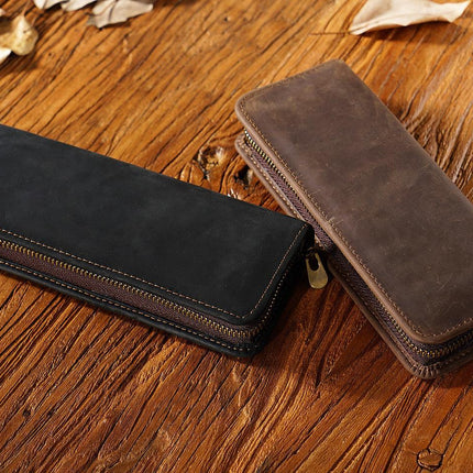 Black Genuine Leather Pencil Case - Vintage Zip-Up Pen Holder with Elastic Loops