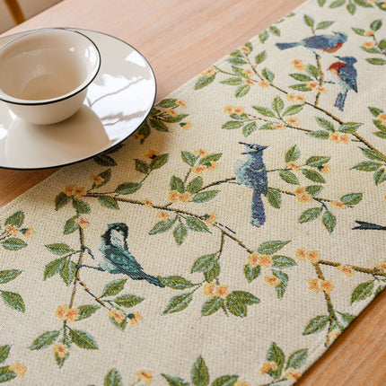 Birds & Branch Table Runner - Jacquard Woven Beige with Tassels(33X200CM)
