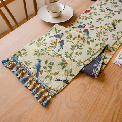 Birds & Branch Table Runner - Jacquard Woven Beige with Tassels(33X200CM)