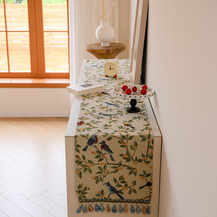 Birds & Branch Table Runner - Jacquard Woven Beige with Tassels(33X200CM)