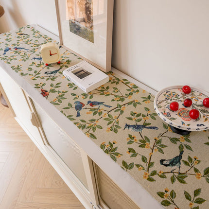 Birds & Branch Table Runner - Jacquard Woven Beige with Tassels(33X200CM)