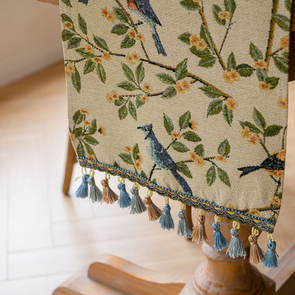 Birds & Branch Table Runner - Jacquard Woven Beige with Tassels(33X200CM)
