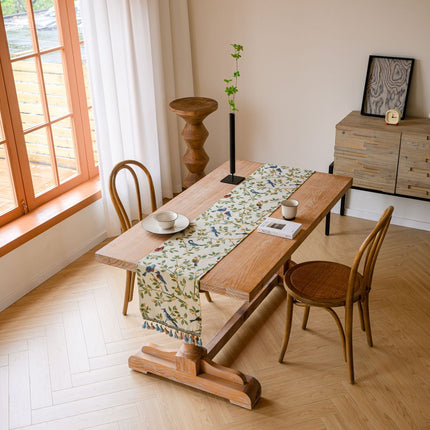 Birds & Branch Table Runner - Jacquard Woven Beige with Tassels(33X200CM)
