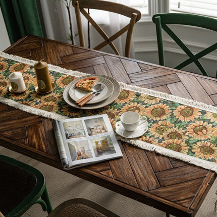 2 PCS Sunflower Table Runner with Fringe - Jacquard Woven Cotton Blend (30x120cm)