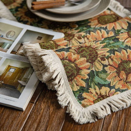 2 PCS Sunflower Table Runner with Fringe - Jacquard Woven Cotton Blend (30x120cm)