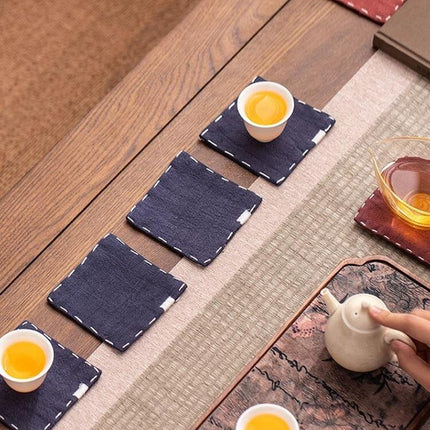 Navy Blue Chinese Style Linen Coasters - Set of 4, Hand-Embroidered Tea Mats (9x9cm)