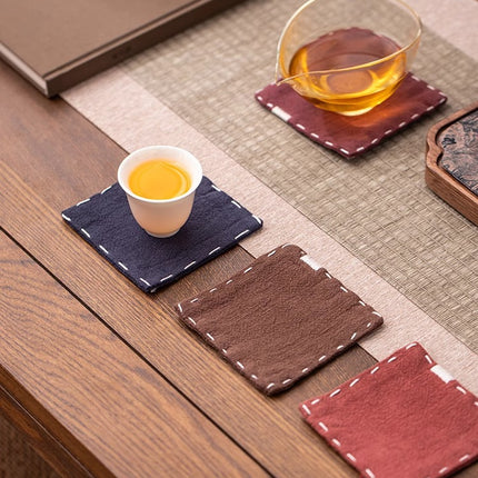 Navy Blue Chinese Style Linen Coasters - Set of 4, Hand-Embroidered Tea Mats (9x9cm)