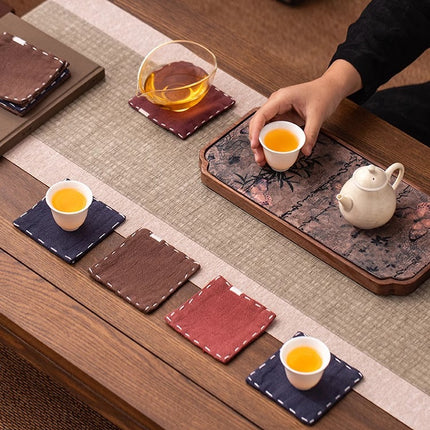 Navy Blue Chinese Style Linen Coasters - Set of 4, Hand-Embroidered Tea Mats (9x9cm)