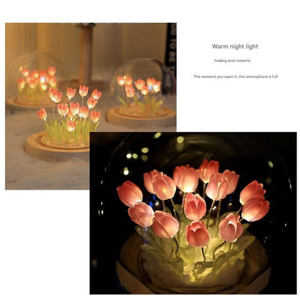 (Ten Pink Tulips) Glowing Tulip Dome Lamp -  Wooden Base, Bedside Table Decoration