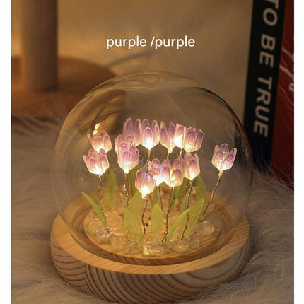 (Ten Purple Tulips) Glowing Tulip Dome Lamp -  Wooden Base, Bedside Table Decoration