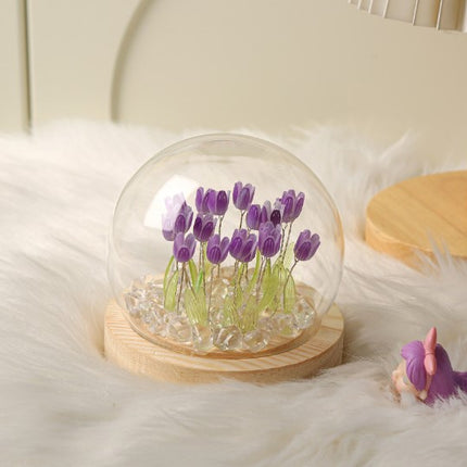 (Ten Purple Tulips) Glowing Tulip Dome Lamp -  Wooden Base, Bedside Table Decoration